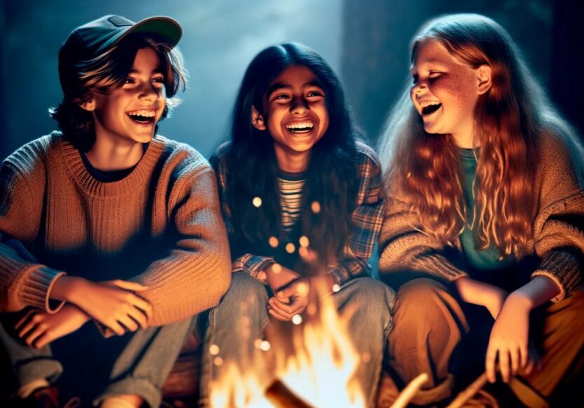 Three girls around a campfire